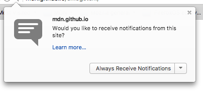 Ein Screenshot des Benachrichtigungs-Pop-up-Dialogs, der von der Benachrichtigungs-API des Browsers bereitgestellt wird. Die Website 'mdn.github.io' bittet um Erlaubnis, Benachrichtigungen an den Benutzer-Agenten zu senden mit einem X, um den Dialog zu schließen und einem Dropdown-Menü mit Optionen, wobei 'Immer Benachrichtigungen empfangen' standardmäßig ausgewählt ist.