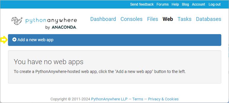 Der "Web"-Abschnitt von PythonAnywhere mit der Schaltfläche zum Hinzufügen einer neuen App