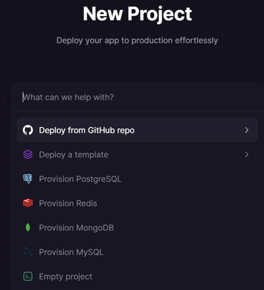Railway Popup zeigt Bereitstellungsoptionen mit hervorgehobener Deploy from GitHub repo Option