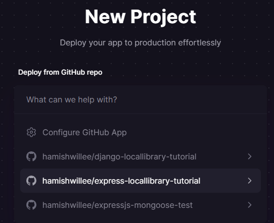 Railway Popup zeigt GitHub Repos, die bereitgestellt werden können