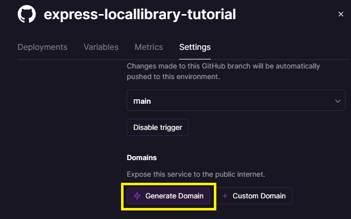 Railway Projekt-Einstellungen Tab zeigt Schaltfläche zum Generieren einer Domain