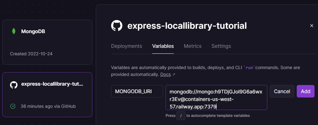 Railway Variablenbildschirm zeigt MONGODB_URI-Variable und Adresse