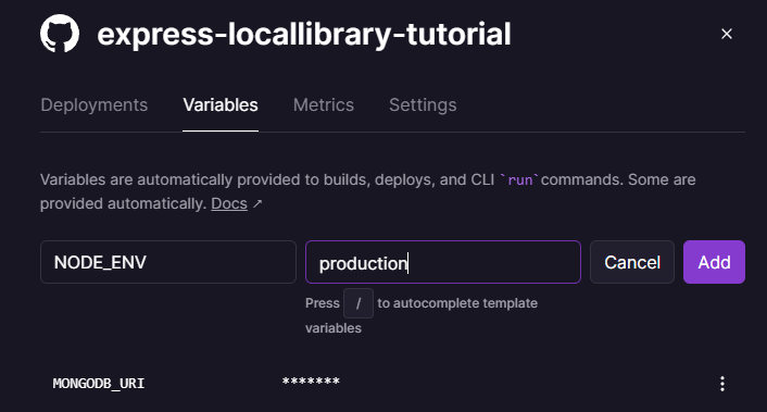Railway Variablen-Tab zeigt neue NODE_ENV-Variable, die auf „production“ gesetzt wird