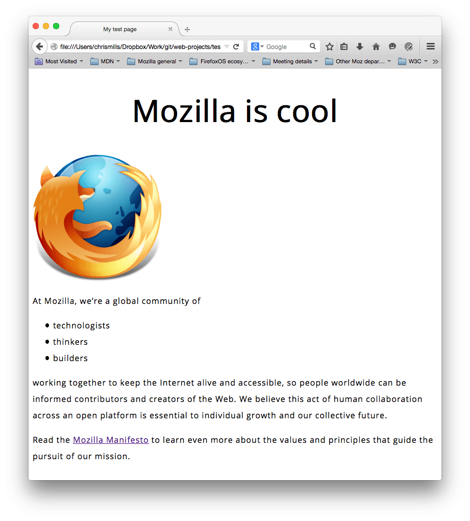 Ein Mozilla-Logo und einige Absätze. Eine serifenlose Schriftart wurde eingestellt, die Schriftgrößen, Zeilenhöhe und Buchstabenzwischenraum wurden angepasst, und die Hauptseitenüberschrift wurde zentriert