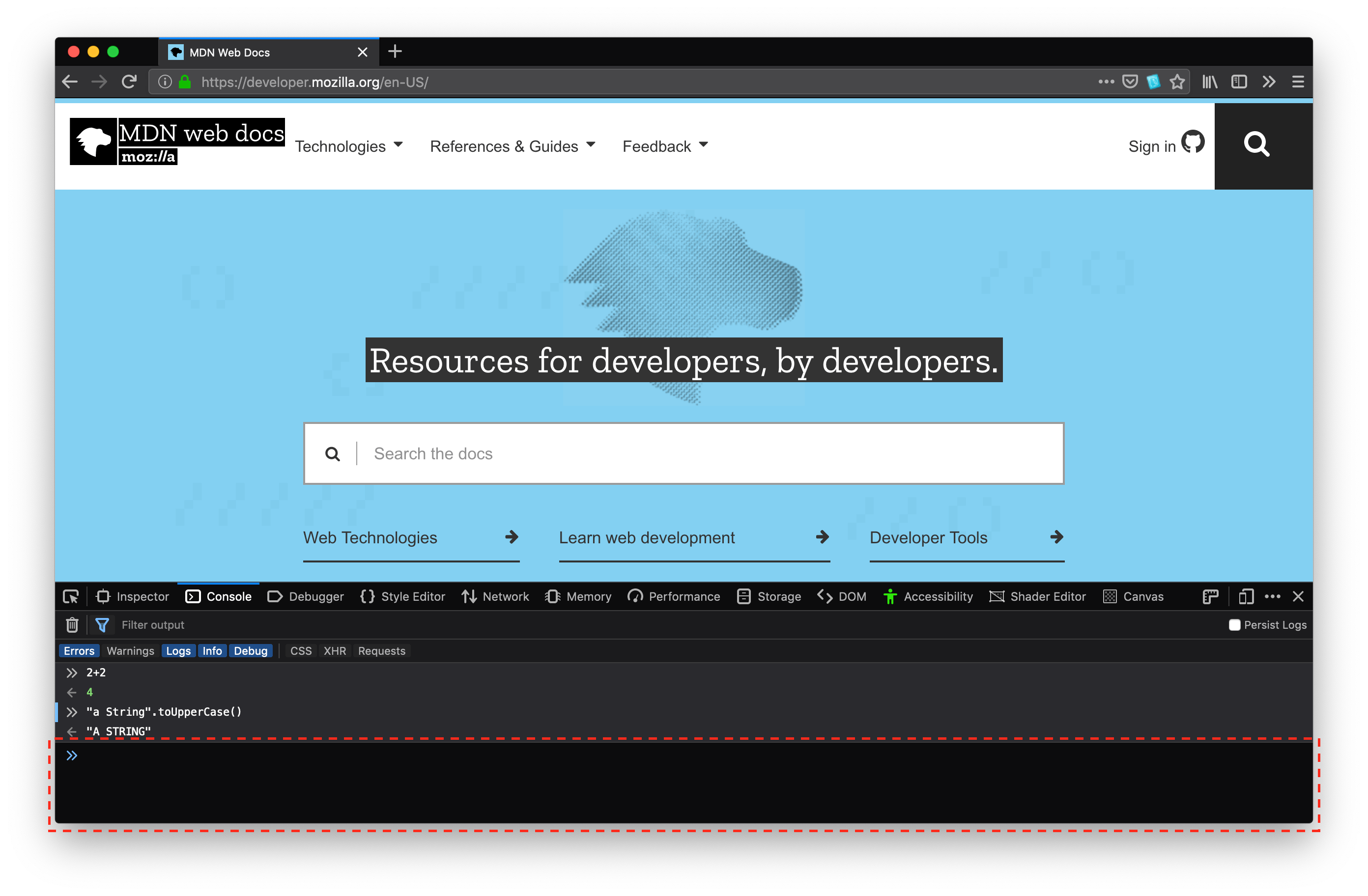Une fenêtre de navigateur avec la console web ouverte en bas, contenant deux lignes de saisie et de sortie. Du texte peut être saisi en dessous.