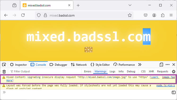 Capture d'écran de la console web affichant l'avertissement d'amélioration pour une image de contenu mixte.