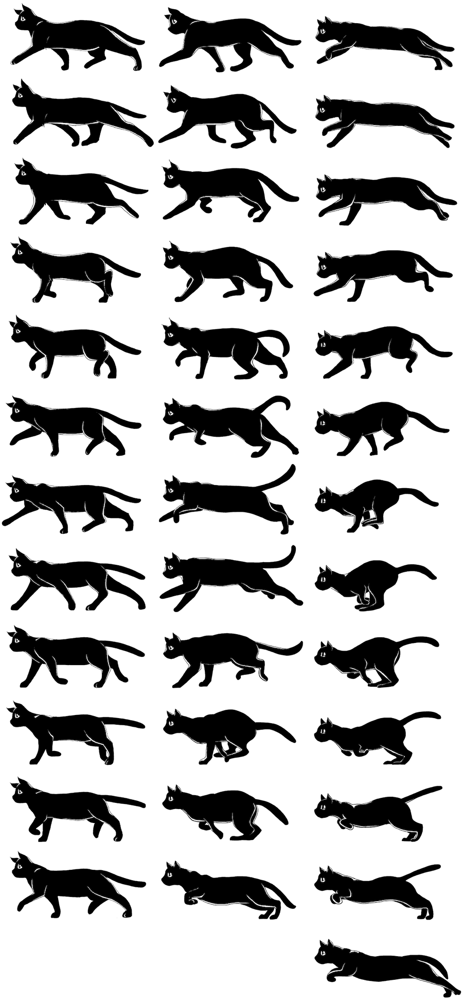 3 つの列からなるスプライトシートで、各列には、異なる速度で左へ移動する黒猫の連続した画像が含まれています。各スプライトの幅は 300 ピクセル、高さは 150 ピクセルです。